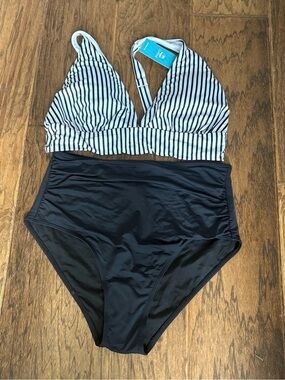 Cupshe Black High-Waist Bikini with White & Black Striped Top